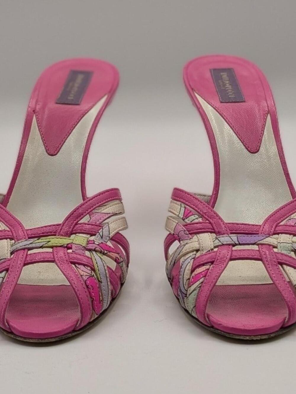 Emilio Pucci 37 EU 6.5 US Pink Leather Floral Kitten Heel Mules Made in Italy - Picture 6 of 13